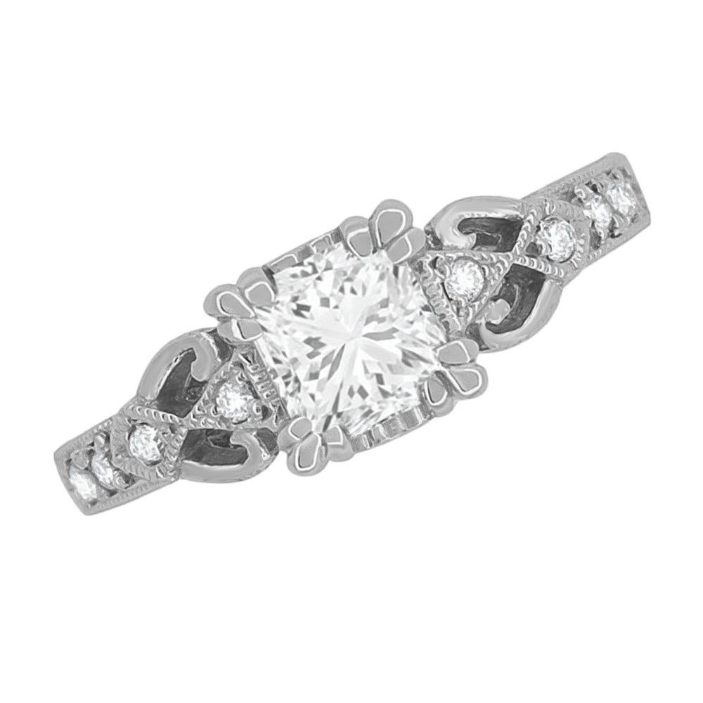 Art Deco Platinum Loving Hearts 1 Carat Square Princess Cut Diamond Engraved Engagement Ring - Item: R459P1D-LC - Image: 4