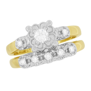 Lucky Clover Vintage 1950s Mixed Metals Yellow & White Gold Diamond Wedding & Engagement Ring Set - alternate view