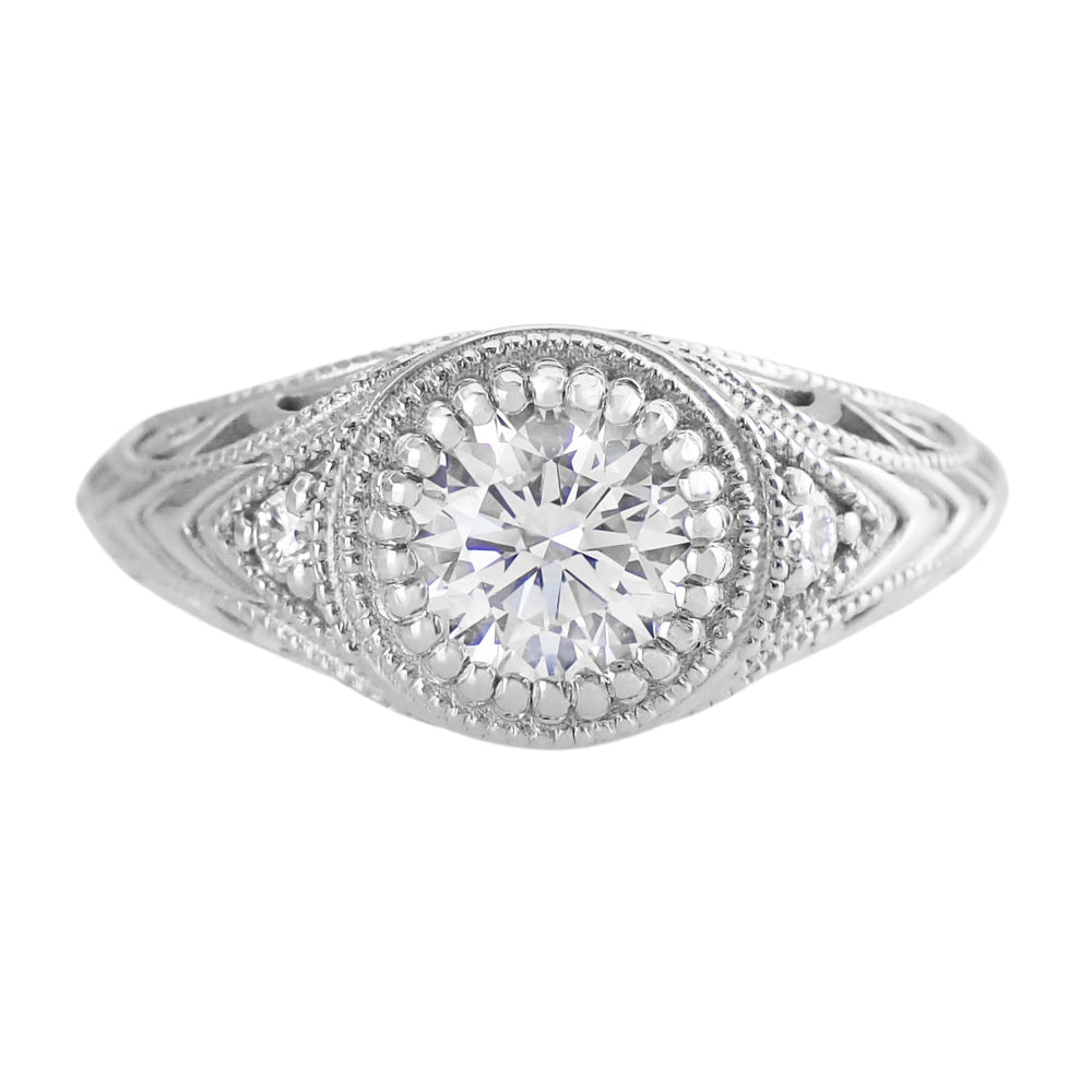 Art Deco Filigree Engraved 3/4 Carat Diamond Low Profile Engagement Ring in White Gold - 14K or 18K - Item: R464W75-LC - Image: 3