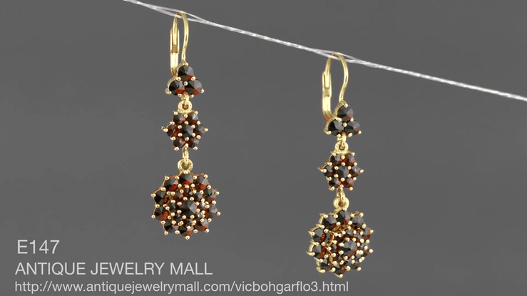 Victorian Bohemian Garnet Floral Double Drop Earrings in 14 Karat Yellow Gold and Sterling Silver Vermeil - Item: E147 - Image: 5