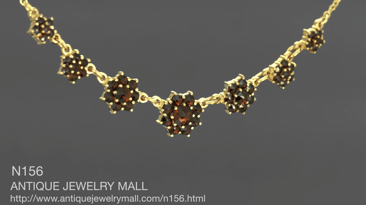 Victorian Bohemian Garnet Flowers Crescent Necklace in Sterling Silver with Yellow Gold Vermeil - Item: N156 - Image: 5
