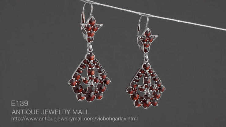 Victorian Bohemian Garnet Leaf Drop Earrings in Antiqued Sterling Silver - Item: E139 - Image: 5