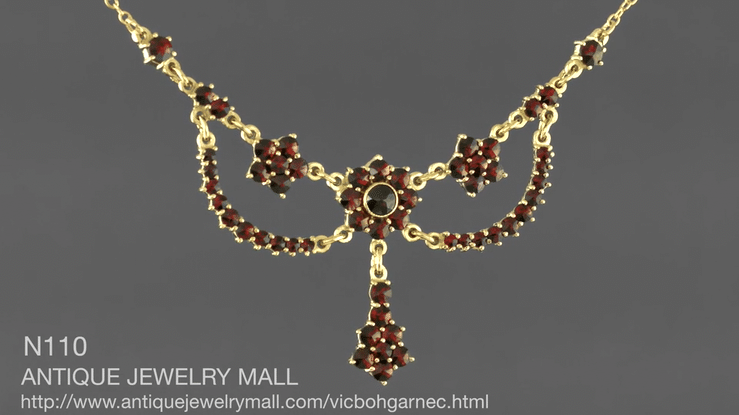 Victorian Bohemian Garnet Teardrop Necklace in Sterling Silver and Yellow Gold Vermeil - 16" - Item: N110 - Image: 5