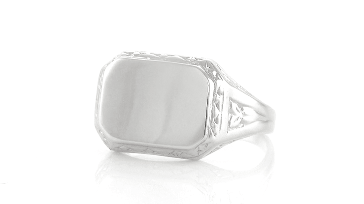 Victorian Antique Style Rectangle Seal Signet Ring in White Gold - Item: R1169W10 - Image: 4