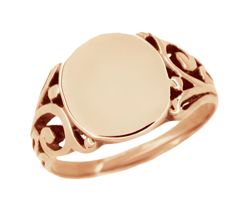 Vintage Victorian Signet Ring Style Antique Style Men s Victorian Filigree Signet Ring in 14 Karat Rose Pink Gold