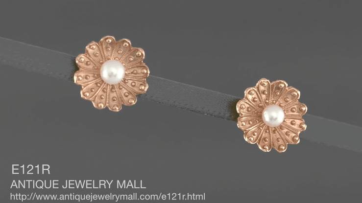 Victorian Sunflower 14 Karat Rose Gold Pearl Stud Earrings - Item: E121R - Image: 4