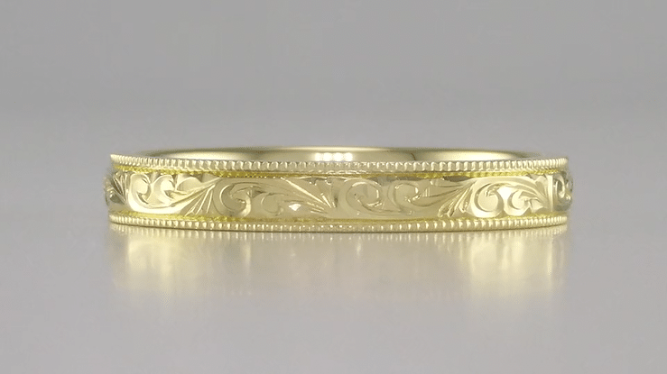 Victorian Yellow Gold Acanthus Scrolls Carved Antique Style Wedding Band - 3mm Wide - Item: R1235Y - Image: 3