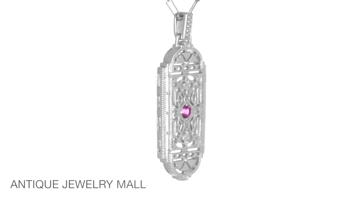 1920's Pink Sapphire Pendant in Sterling Silver - Vintage Style Art Deco Filigree Necklace - Item: N150WPS - Image: 6