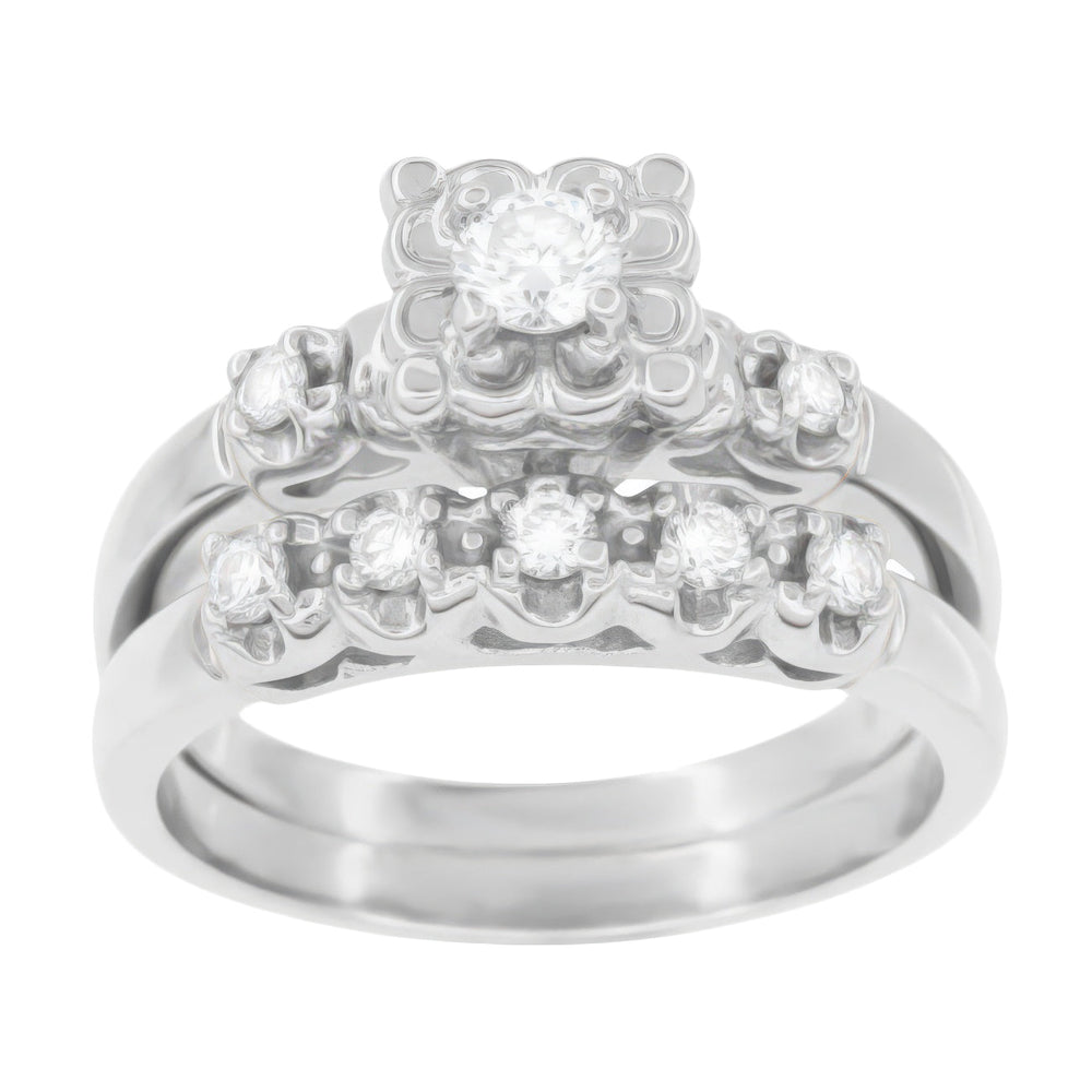 1950's Retro Moderne Lucky Clover Diamond Engagement Ring and Wedding Ring Set in 14K White Gold - Item: R674S-LC - Image: 3
