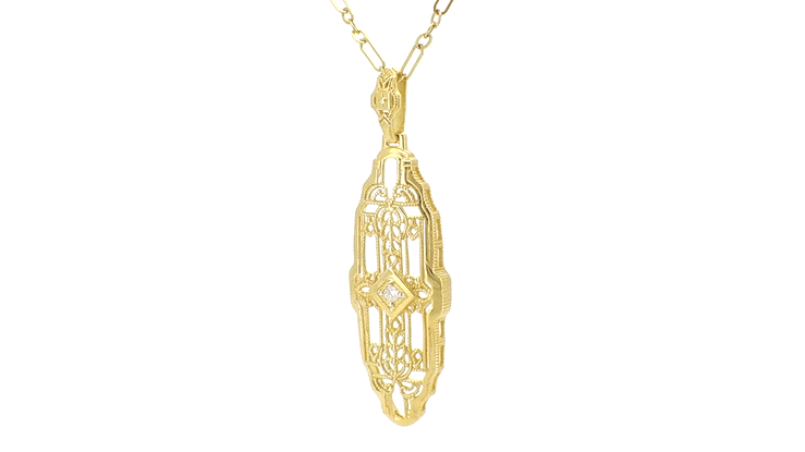 Vintage Inspired Art Deco Diamond Necklace in Yellow Gold Vermeil Over Sterling Silver - 1920's Replica Lozenge Pendant - Item: N165YD - Image: 6