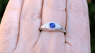 Art Deco Engraved Blue Sapphire and Side Diamond Filigree Engagement Ring in White Gold