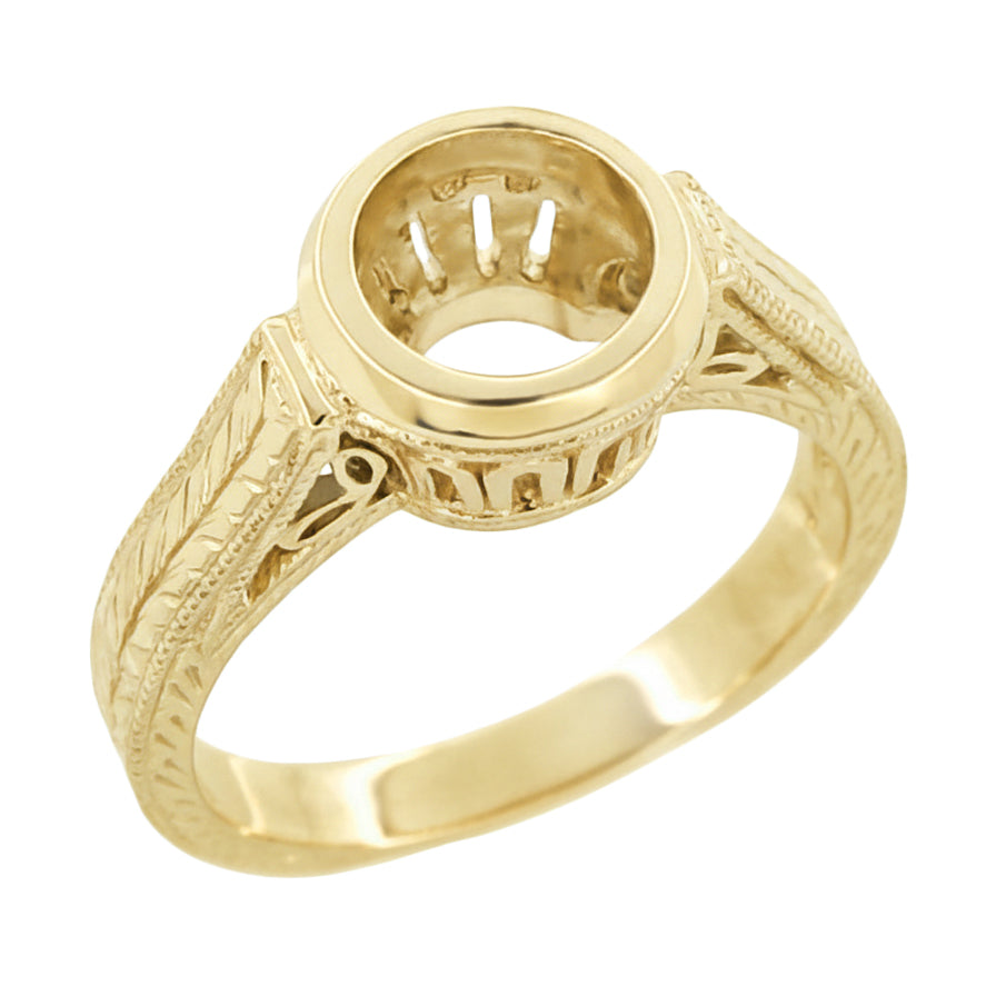 Art Deco Filigree Yellow Gold Low Profile Bezel Engagement Ring Setting for a 1 - 1.25 Carat Round Diamond | 14K or 18K - Item: R306Y1K14 - Image: 4
