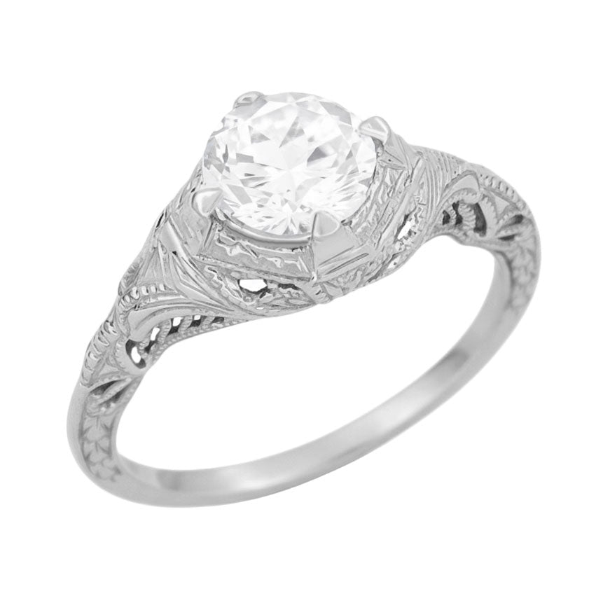 Art Deco Filigree Engraved Solitaire Diamond Engagement Ring in 14 Karat White Gold
