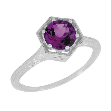 Hexagon Art Deco 3/4 Carat Amethyst Engraved Filigree Engagement Ring in 14K White Gold
