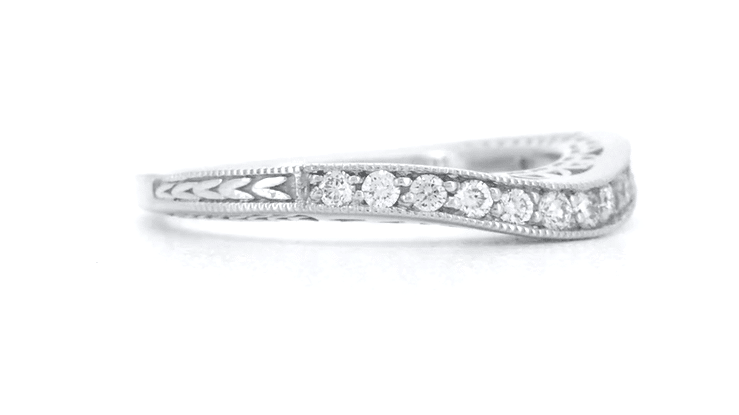 Art Deco Curved Filigree and Wheat Engraved Diamond Wedding Band in Platinum - Item: WR296PD - Image: 3