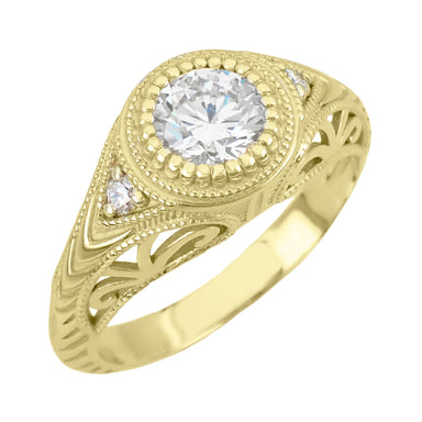 Yellow Gold Filigree Low Dome Art Deco 3/4 Carat Diamond Engagement Ring - 14K or 18K
