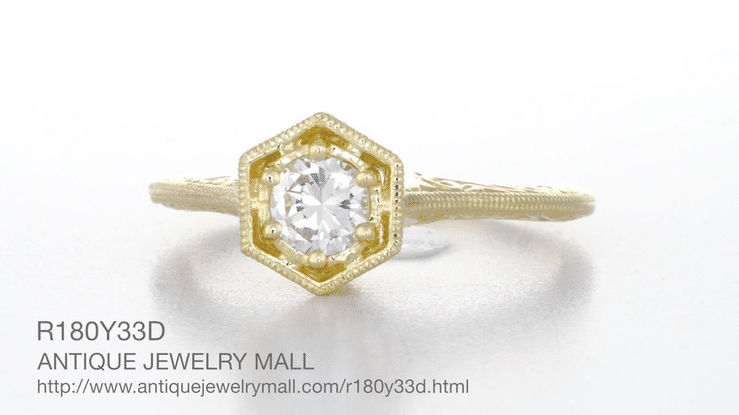 Vintage Engraved Art Deco Hexagonal Filigree Solitaire Diamond Engagement Ring in 14K Yellow Gold - Item: R180Y33D-LC - Image: 4