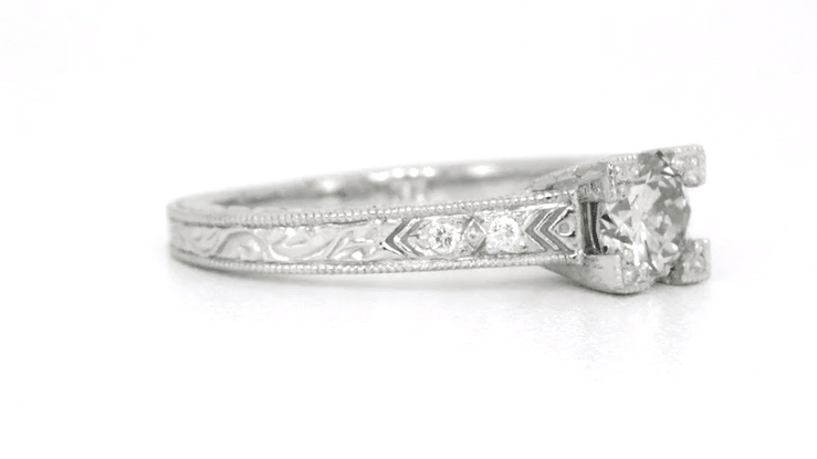 Vintage Engraved Art Deco Diamond Engagement Ring in White Gold - Item: R408WD75-LC - Image: 7
