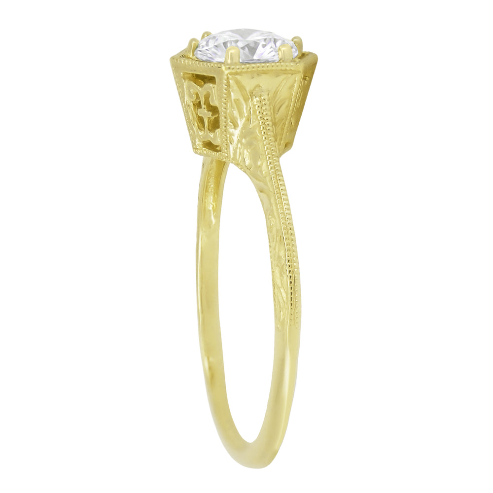 Vintage Engraved Art Deco Hexagonal Filigree Solitaire Diamond Engagement Ring in 14K Yellow Gold - Item: R180Y33D-LC - Image: 3