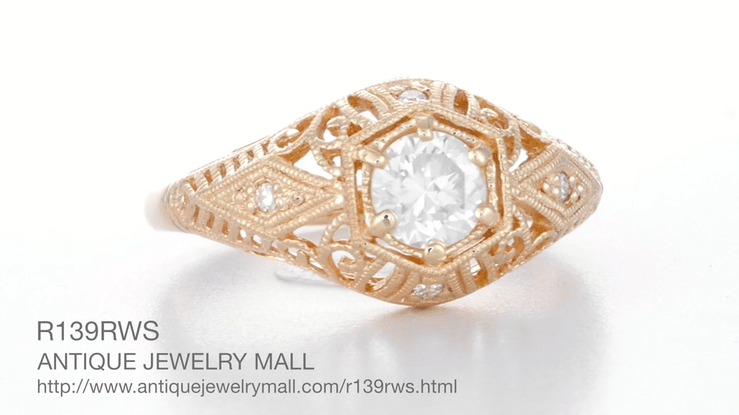 White Sapphire Filigree Scroll Dome Edwardian Engagement Ring in 14 Karat Rose Gold - Item: R139RWS - Image: 7