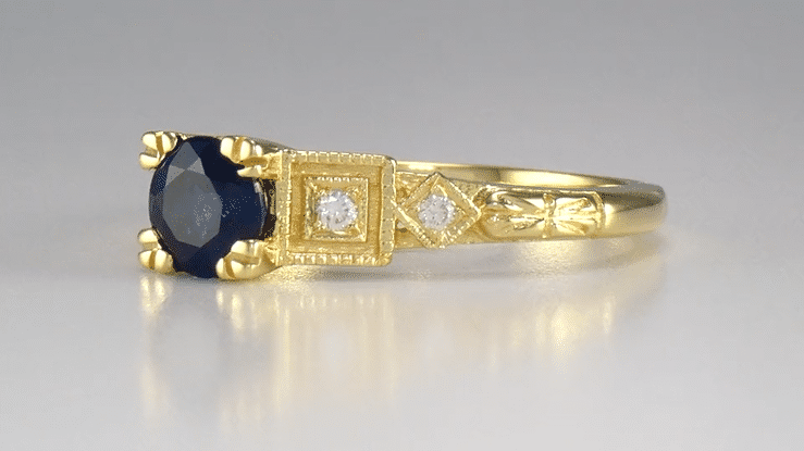 Vintage Inspired Art Deco 18K Yellow Gold Blue Sapphire and Diamonds Engagement Ring - Item: R194Y - Image: 6