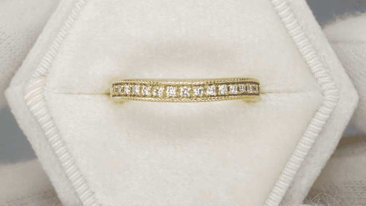 Vintage Inspired White Sapphire Curved Wedding Band in 14 Karat Yellow Gold - Item: WR158YWS - Image: 3