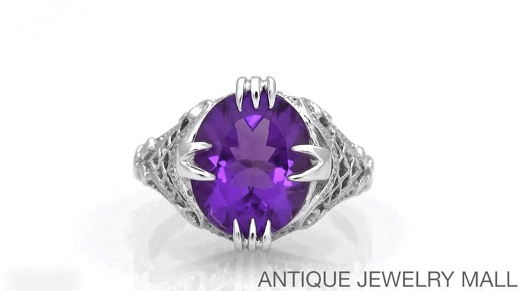 Large Oval Amethyst Art Deco Filigree Ring in 14 Karat White Gold - Item: R157AM - Image: 5