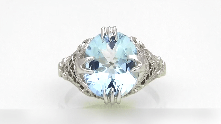 Large Oval Aquamarine Art Deco Filigree Ring in Platinum - March Birthstone - Item: R157PA - Image: 5