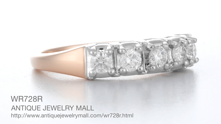 Mid Century Modern Straightline 5 Diamond Wedding Ring in 14 Karat White and Rose Gold - Item: WR728R-LC - Image: 5
