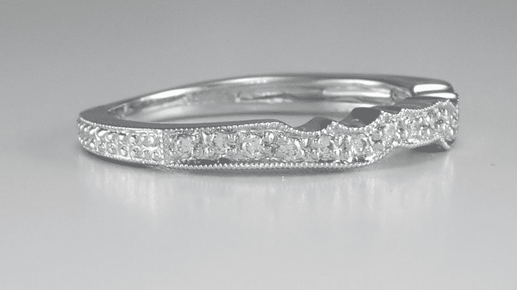 Art Deco Scalloped Engraved Contoured Diamond Wedding Band in Platinum - Item: R225 - Image: 3