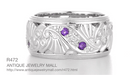 Retro Moderne Filigree Amethyst and Diamond 9.5mm Wide Wedding Ring in 14K White Gold - Size 6
