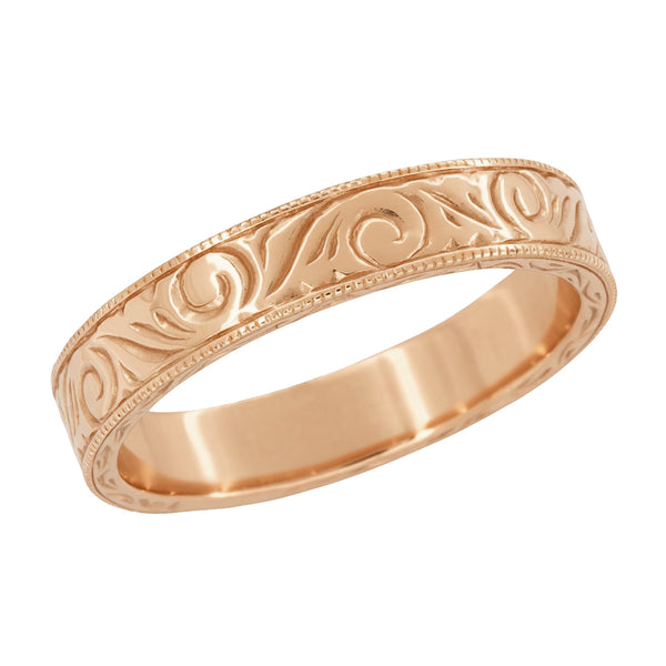Men's Art Deco Scrolls Engraved Wedding Band in 14 Karat Rose Gold