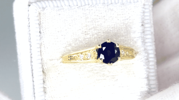 Sapphire and Diamond Art Deco Filigree Engagement Ring in 14 Karat Yellow Gold - Item: R158Y - Image: 8