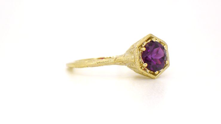 3/4 Carat Amethyst Art Deco Engraved Hexagon Filigree Ring in 14 Karat Yellow Gold - Item: R233Y - Image: 5