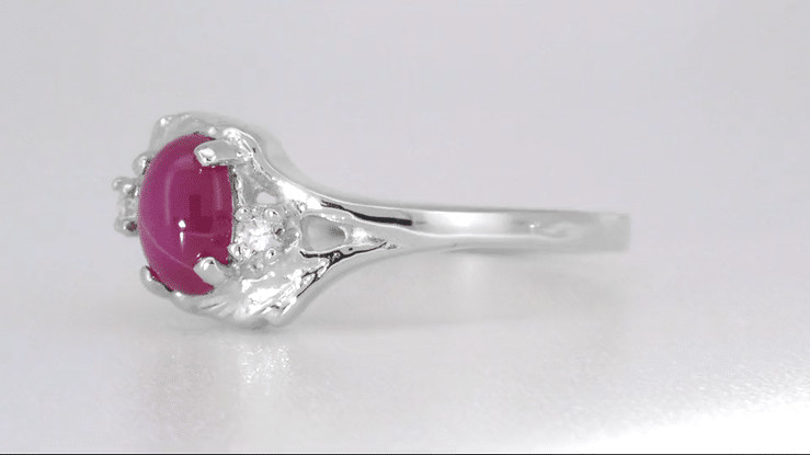 Vintage 1970's Inspired Star Ruby Ring in White Gold - Cabochon Ruby with Side Diamonds & Leaf Bypass Design - Item: R921W - Image: 5
