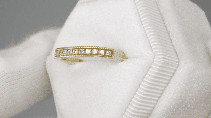 Vintage Style Gently Contoured Milgrain Edge Diamond Wedding Band in Yellow Gold - 14K or 18K - Item: WR158Y-LC - Image: 3