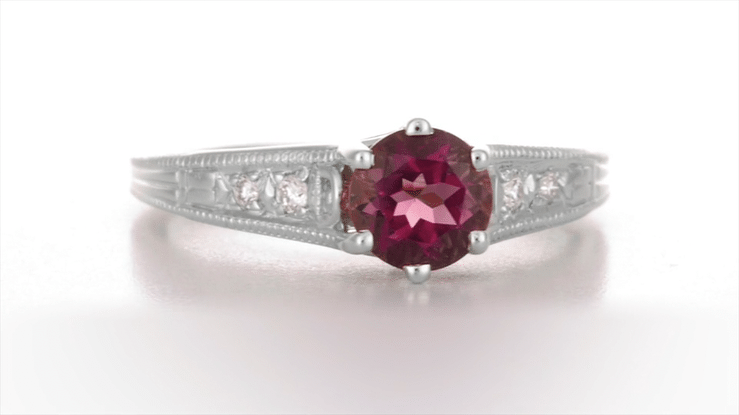 Vintage Style Raspberry Rhodolite Garnet and Diamond Filigree Engagement Ring in 14 Karat White Gold - Item: R158G - Image: 7