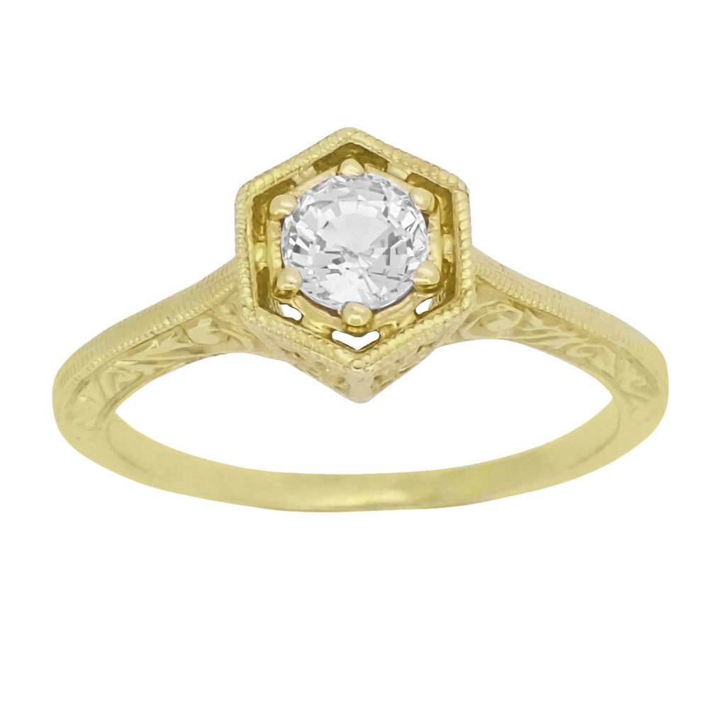 Art Deco White Sapphire Hexagonal Filigree Engagement Ring in 14K Yellow Gold - Item: R180Y33WS - Image: 3