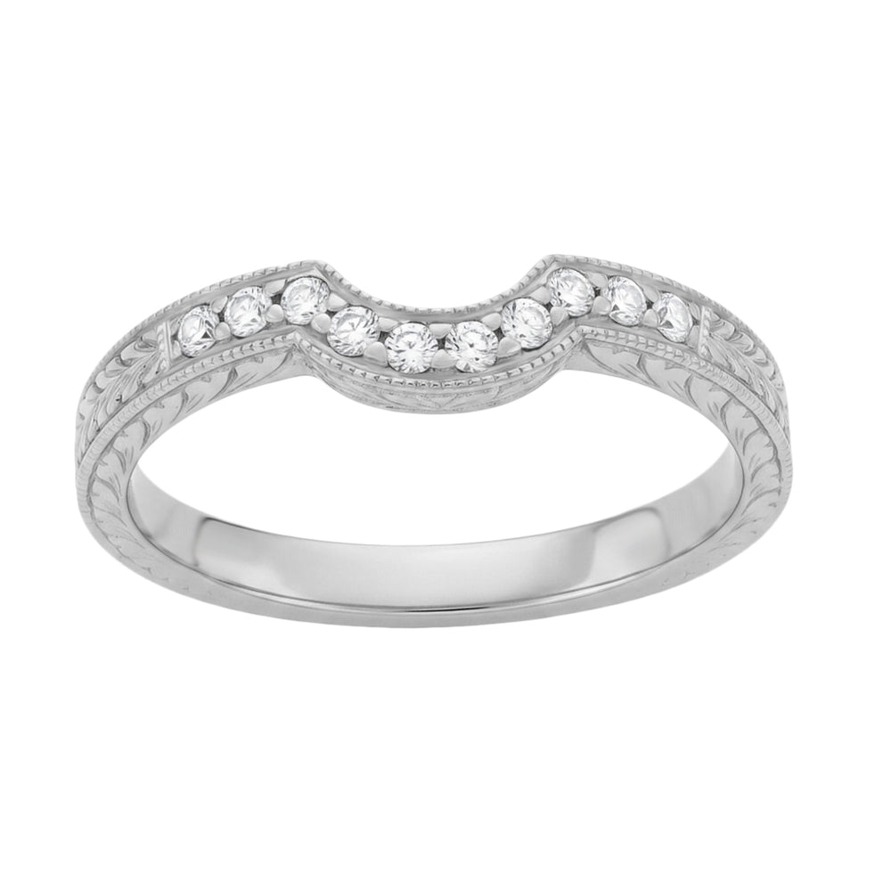 Royal Crown Curved Diamond Engraved Wedding Band in 14K or 18K White Gold - Item: WR460W14KD-LC - Image: 3