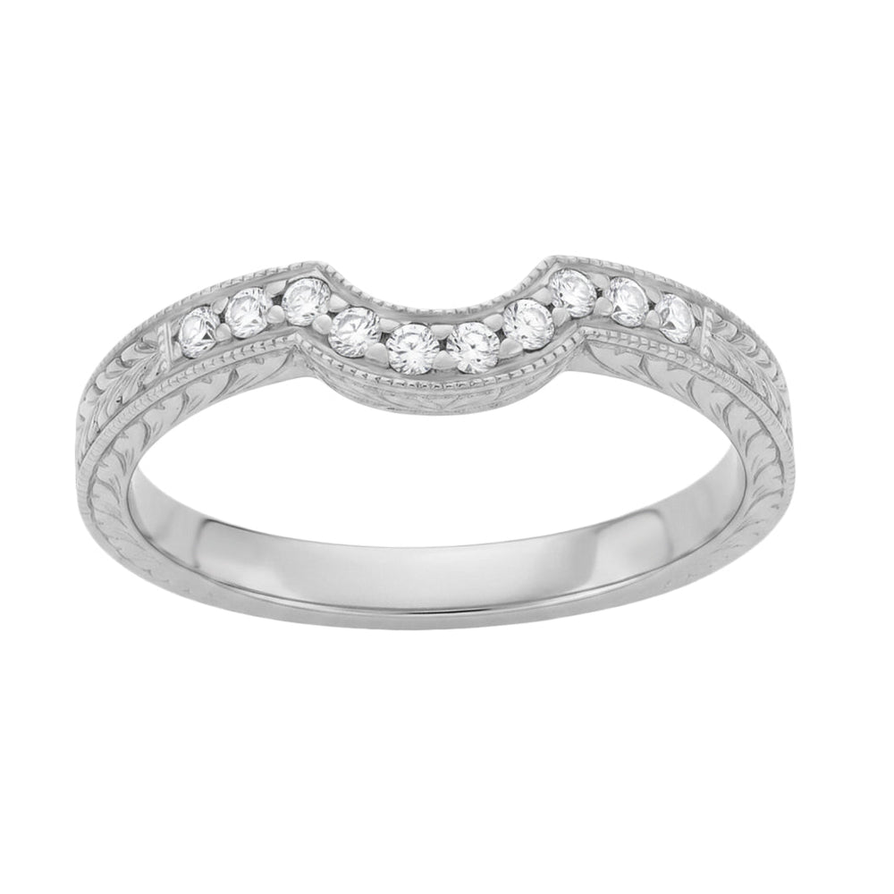 Royal Crown Curved Diamond Engraved Wedding Band in 14K or 18K White Gold - Item: WR460W14KD-LC - Image: 3