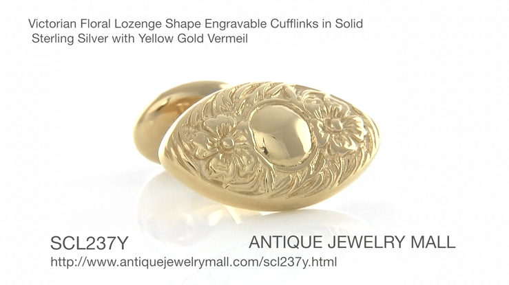 Vintage Victorian Floral Lozenge Shape Engravable Cufflinks Design in Solid Sterling Silver with Yellow Gold Vermeil - Item: SCL237Y - Image: 4