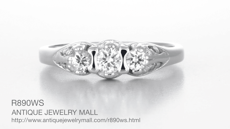 Art Deco Filigree White Sapphire "Three Stone" Ring in 14 Karat White Gold - Item: R890WS - Image: 6