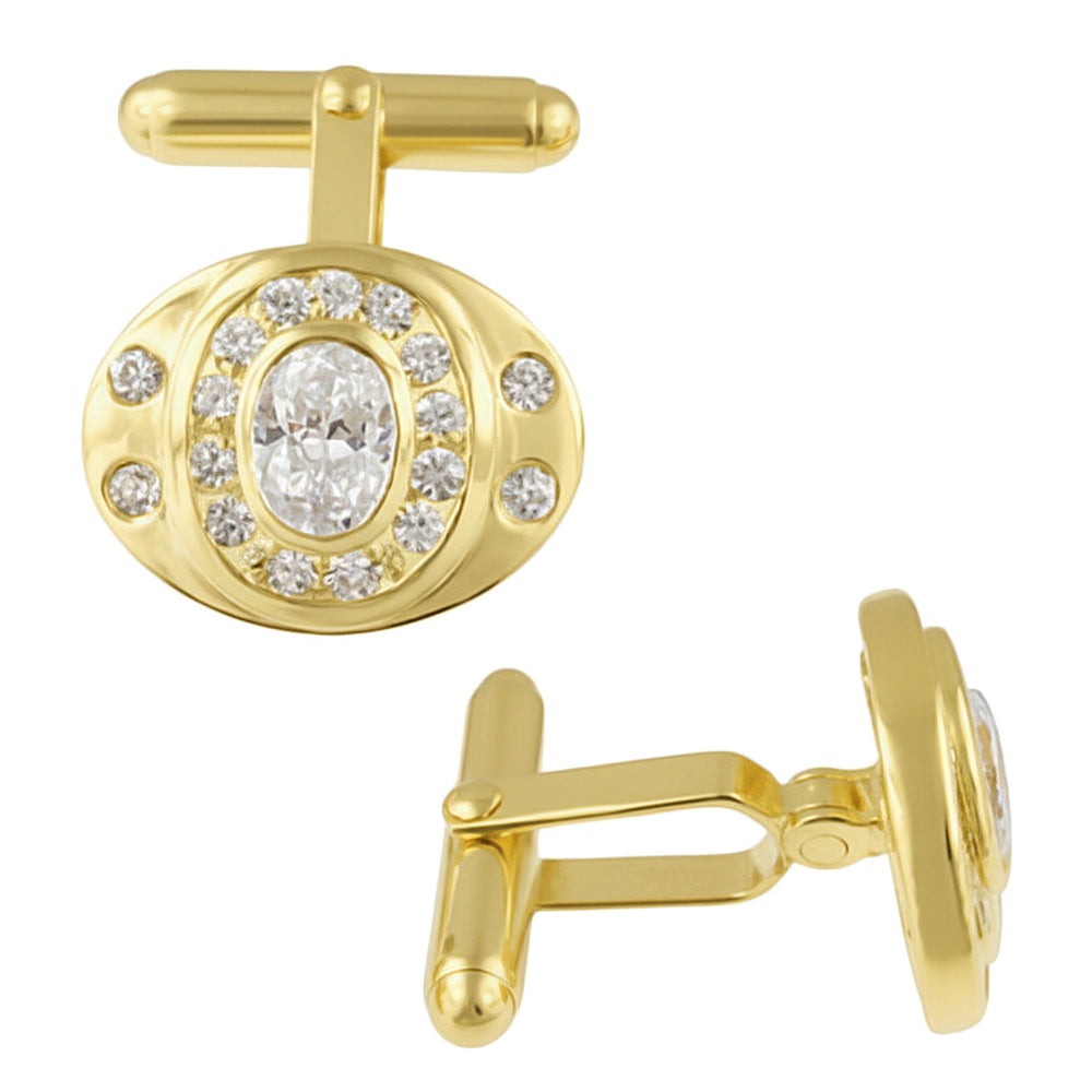 1970’s Style Classic Oval Cufflinks with Cubic Zirconia in Yellow Gold Finish over Sterling Silver - Item: SCL185Y - Image: 2