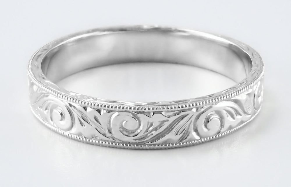 Men's Art Deco Scrolls Vintage Engraved Wedding Band in 10, 14 or 18 Karat White Gold - 4mm Wide - Item: WR199MW10 - Image: 5
