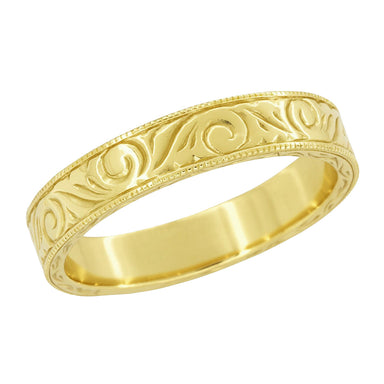 Men's Yellow Gold Art Deco Antique Scrolls Engraved Wedding Band - 10K, 14K or 18K