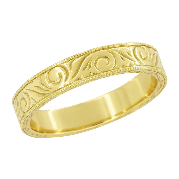 Men's Yellow Gold Art Deco Antique Scrolls Engraved Wedding Band - 10K, 14K or 18K