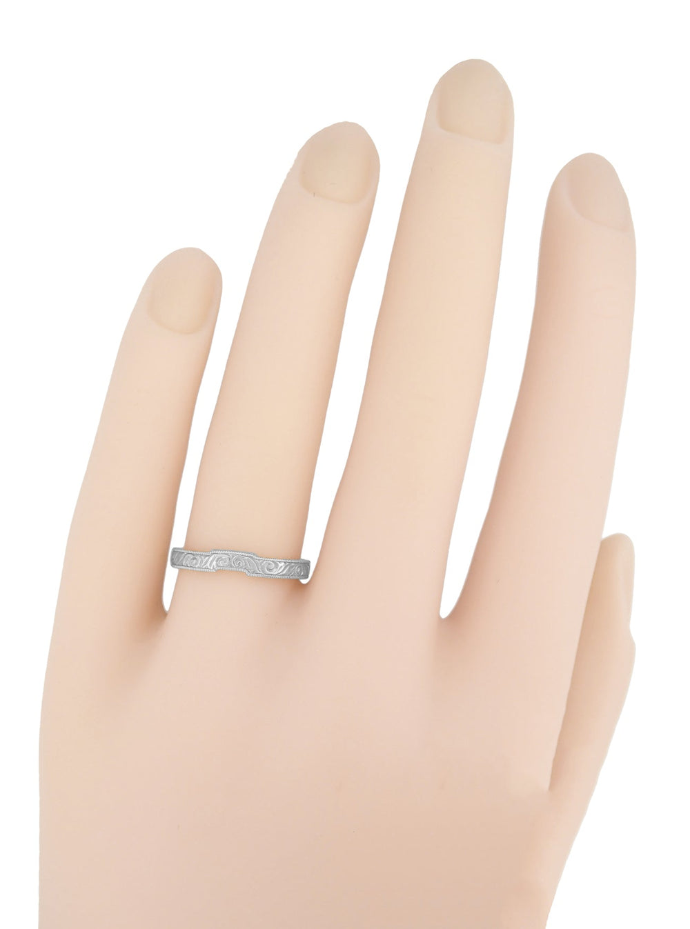 Art Deco Scrolls Contoured Engraved Wedding Band in Platinum - Item: WR199PRP75 - Image: 4