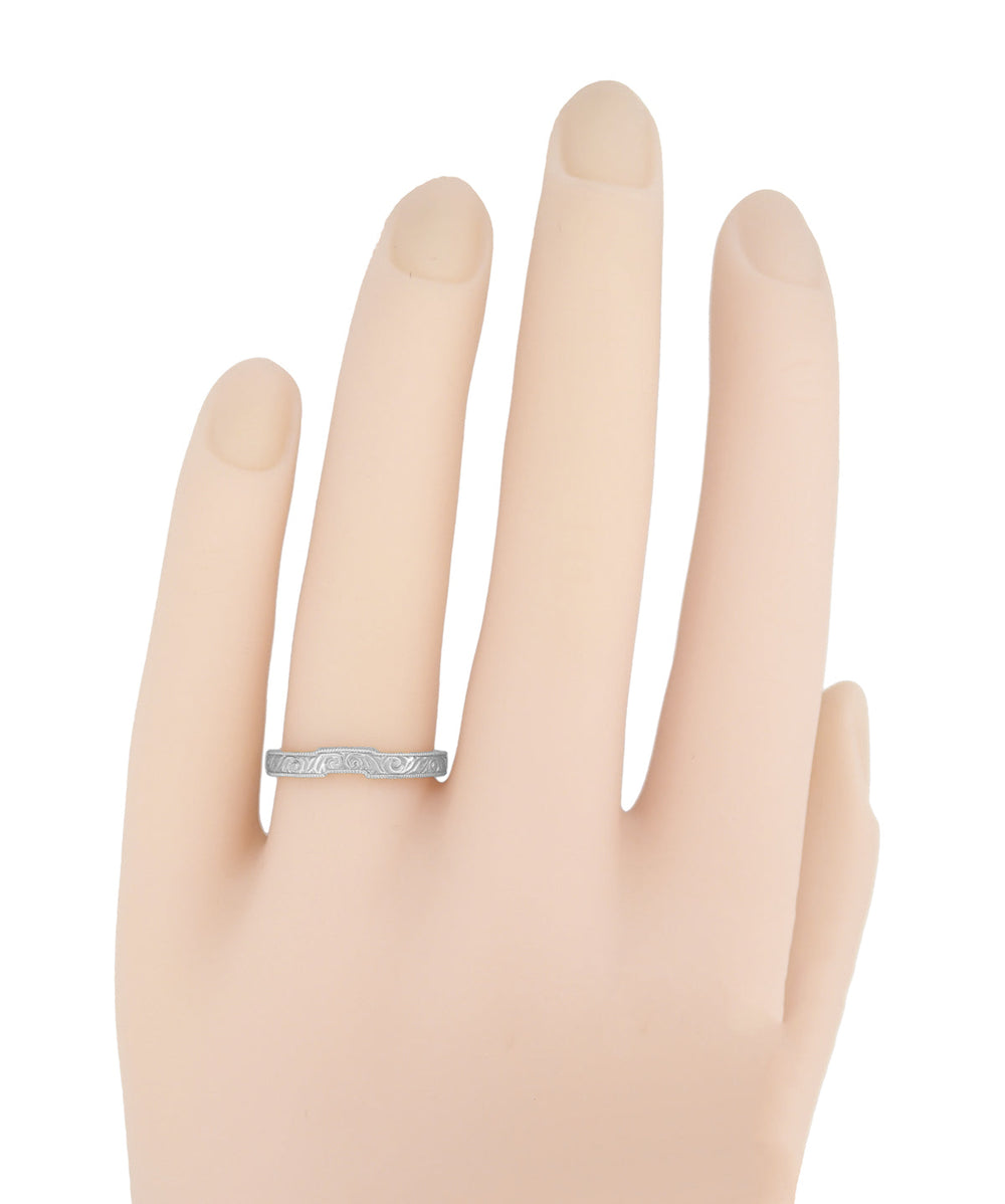 Art Deco Scrolls Contoured Engraved Wedding Band in Palladium - Item: WR199PRPDM - Image: 3