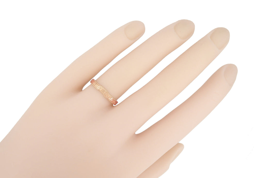 Art Deco Scrolls Coordinating Engraved Wedding Band in 14 Karat Rose ( Pink ) Gold - Item: WR199PRR75 - Image: 4