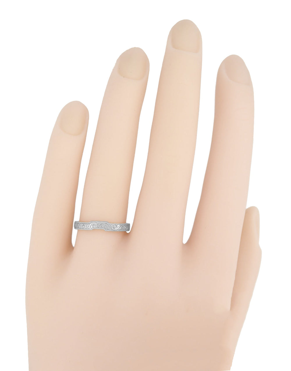 Art Deco Scrolls Contoured Engraved Wedding Band in 14K or 18K White Gold - Item: WR199PRW14K - Image: 4